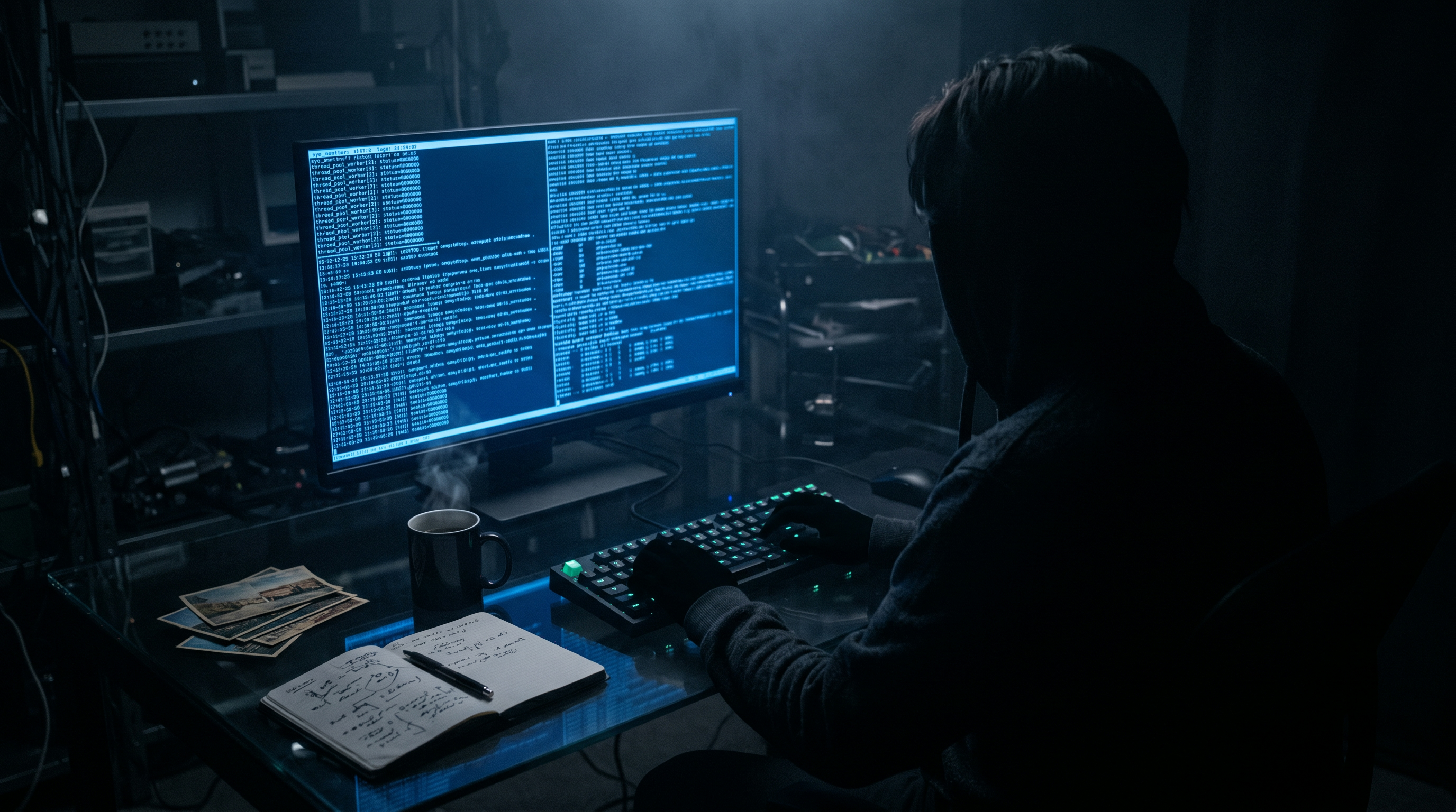 Silhouette of an engineer over-the-shoulder at a glowing terminal, building the email infrastructure behind Notification Harbor.
