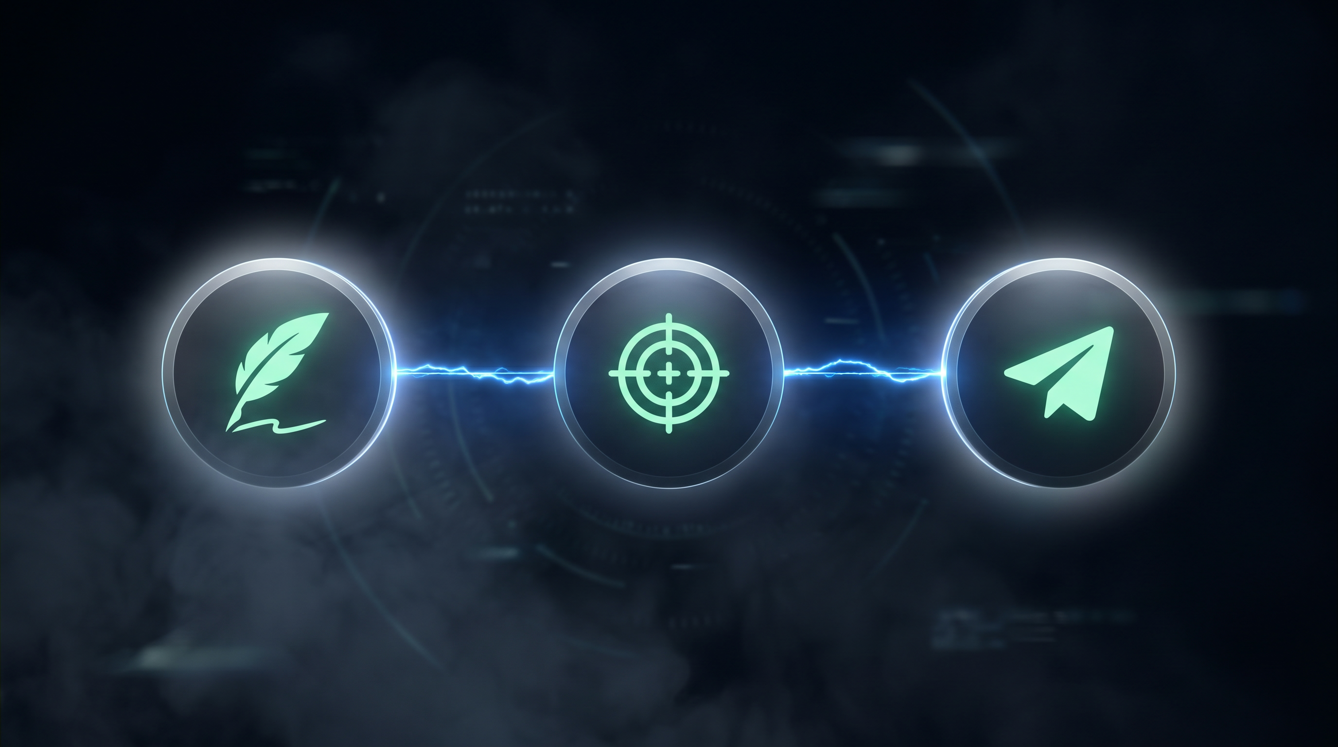 Three glowing nodes — quill, target, and paper-plane — connected by electric-blue lines representing the write, target, deliver flow.